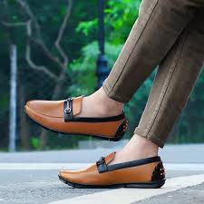 Men's Tan Faux Leather Loafer with Metal Buckle and Driving Sole